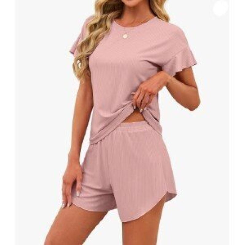 Trendy Pink Striped Women's Short Sleeve T-Shirt and Shorts Set