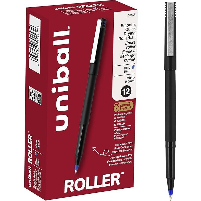 12-Pack Uni-ball Roller Rollerball Pens Micro Point Blue 0.5mm - Smooth, Eco-Friendly Writing