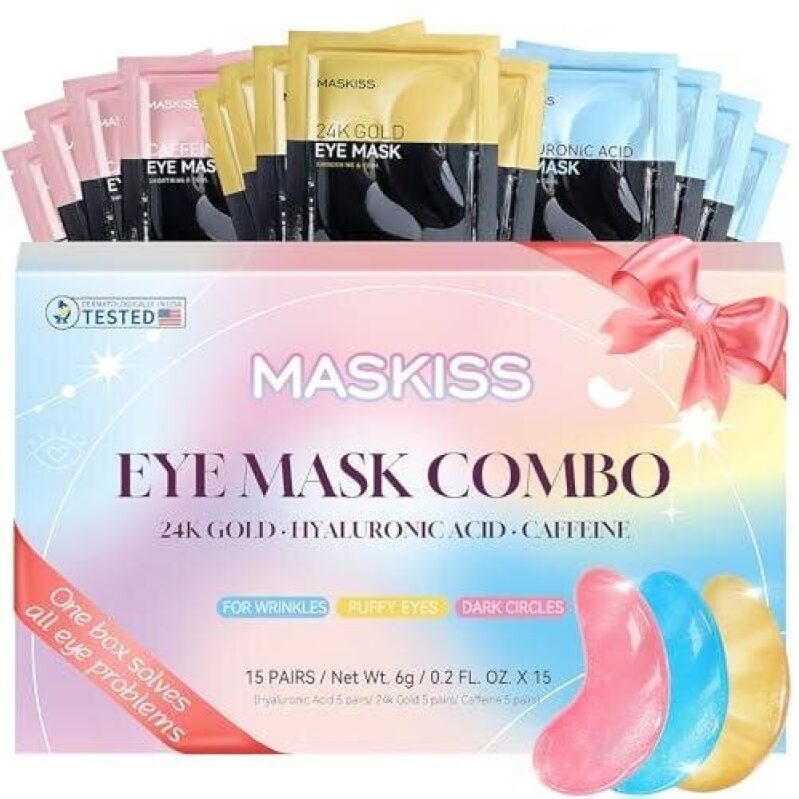 MASKISS Eye Mask Combo - 24K Gold, Hyaluronic Acid, Caffeine - 15 Pairs