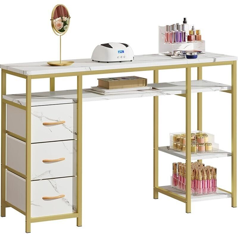 DWVO Nail Desk Marbling Texture Manicure Station w/3 Drawers