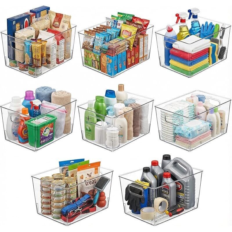 8-Pack Large Clear Plastic Storage Bins - 12x8x6 inches, Versatile and Durable
