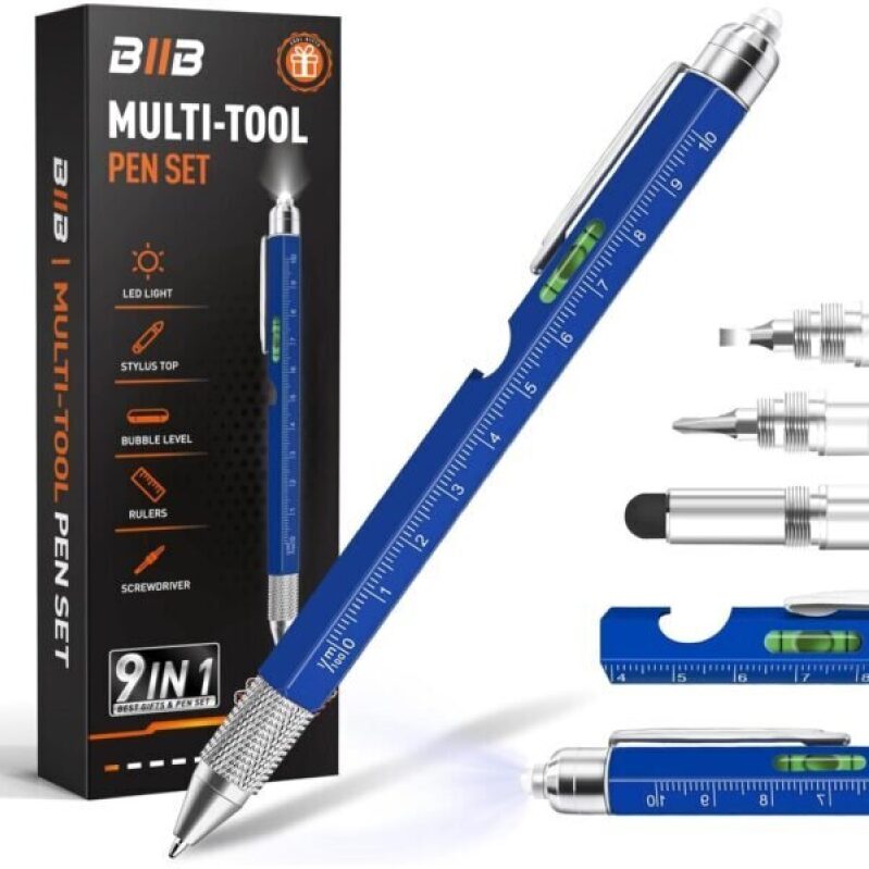 Multi-Tool Pen Set - 9-in-1 Utility Pen with LED Light and Bubble Level