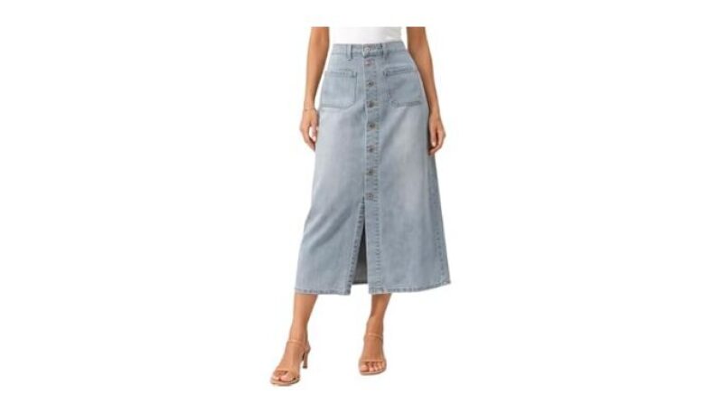 Women Denim Midi Skirt with Pocket Button Front Casual Straight High Waist Jean Skirt