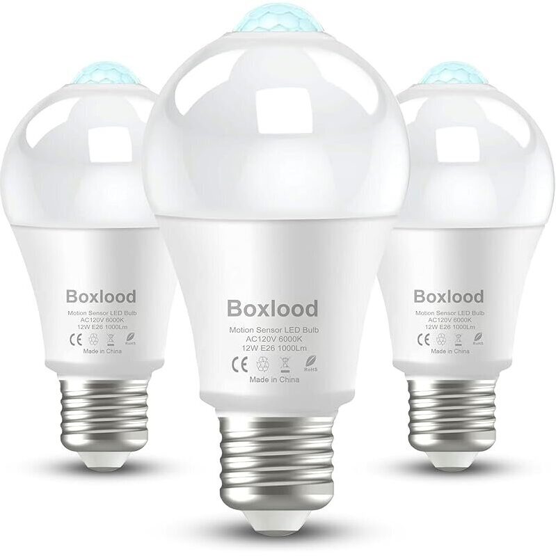 Boxlood 3pk 12W 1000lm E26 A19 Smart Dimmable LED Light Bulbs with Motion Sensor