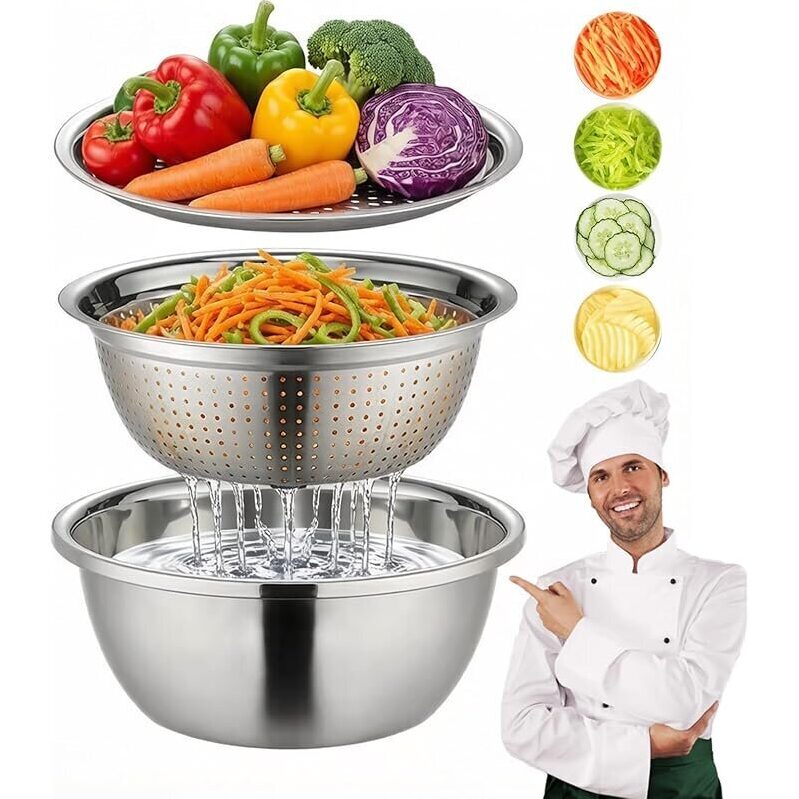 Multifunctional Stainless Steel Basin 3 in 1 Strainer Set - Versatile Kitchen Tool