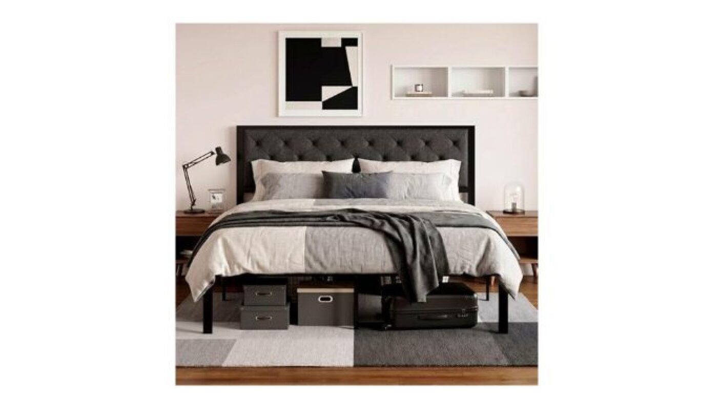 King Size Metal Platform Bed Frame with Storage - Dark Grey