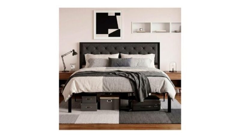 King Size Metal Platform Bed Frame with Storage - Dark Grey