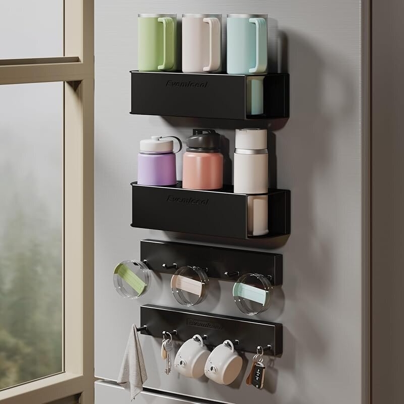 Magnetic Cup Holder for Fridge - 6 Cups, 10 Hooks
