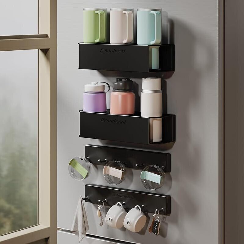 Magnetic Cup Holder for Fridge - 6 Cups, 10 Hooks