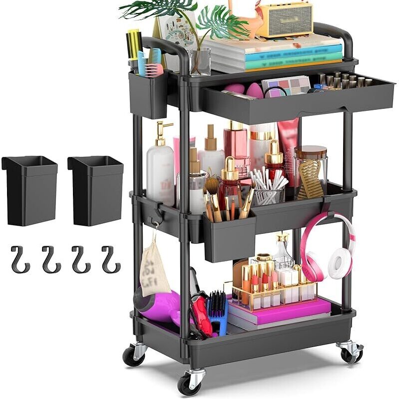3 Tier Rolling Utility Cart Organizer with Removable Drawer - Ultimate Home Organization