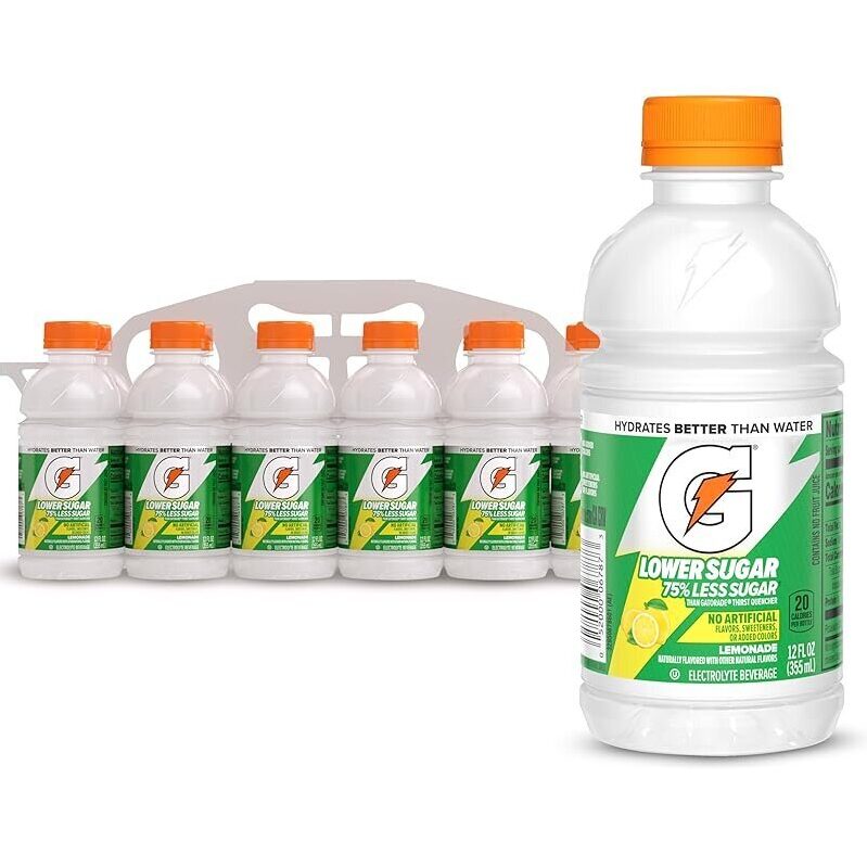 Gatorade Lower Sugar Electrolyte Sports Drink, Lemonade, 12pk - 75% Less Sugar, 12oz