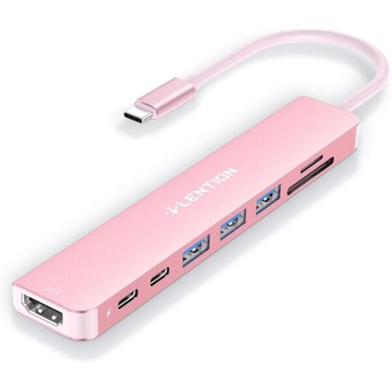 LENTION 8-in-1 USB-C Hub with 4K HDMI, Power Delivery, USB C Data, USB 3.0 Ports, and Card Reader - Rose Gold