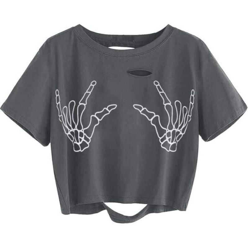 Avanova Women's Finger Graphic Print Tee - Distressed Crop Top