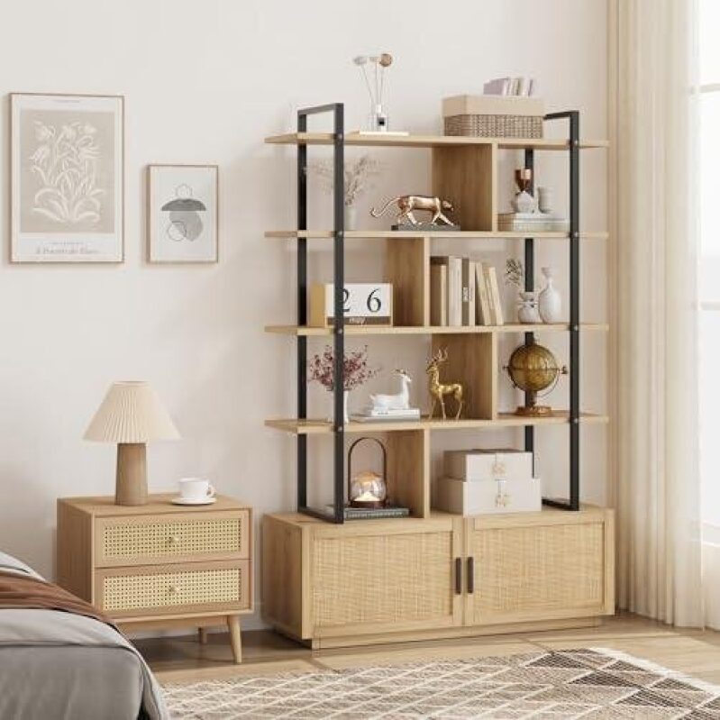 IDEALHOUSE 5 Tier Rattan Bookshelf with Storage Cabinet & Door 30%OFF