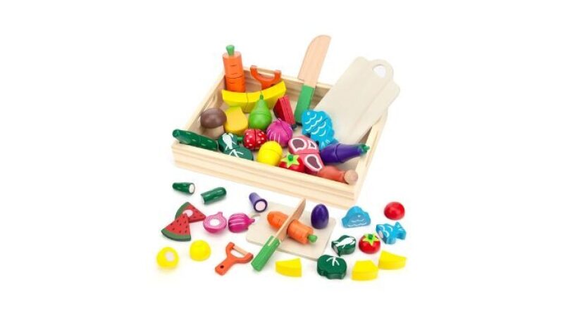 GOPLACS Wooden Play Food Sets for Kids - Cutting Fruits and Veggies