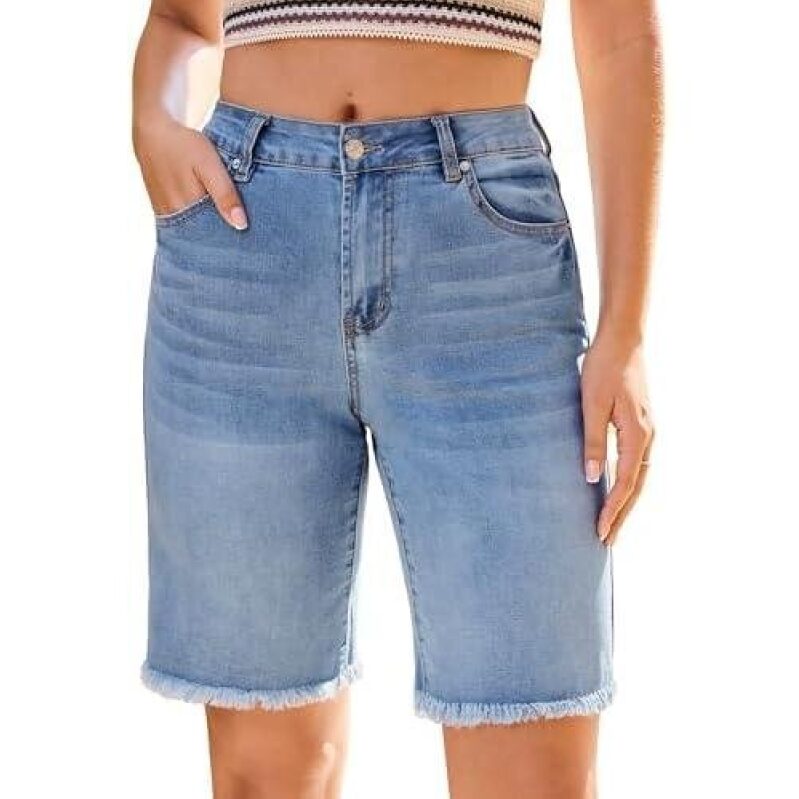 Women's Elastic High-Waist Denim Shorts with Frayed Hems - 55% OFF