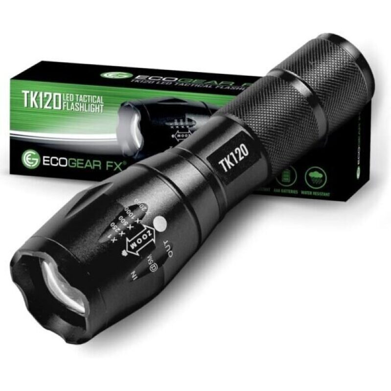 EcoGear FX TK120 LED Tactical Flashlight - High Lumens, 5 Modes, Zoomable Beam