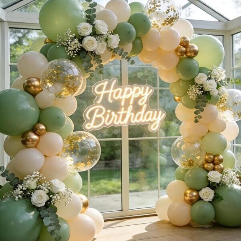 Elegant Sage Green Balloon Arch for Birthday Celebrations