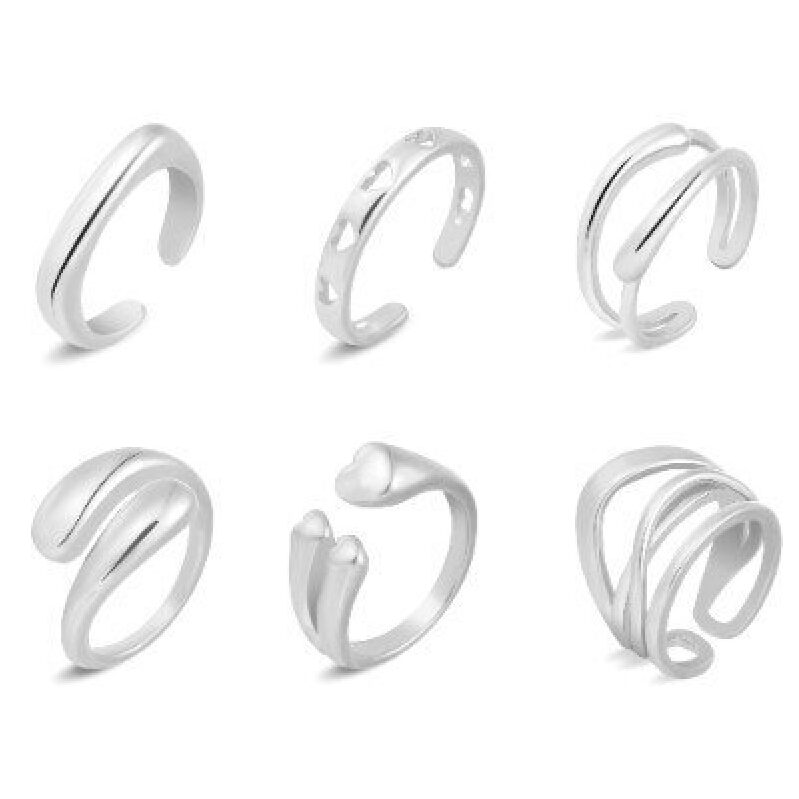 Elegant 6-Piece Silver Adjustable Ring Set