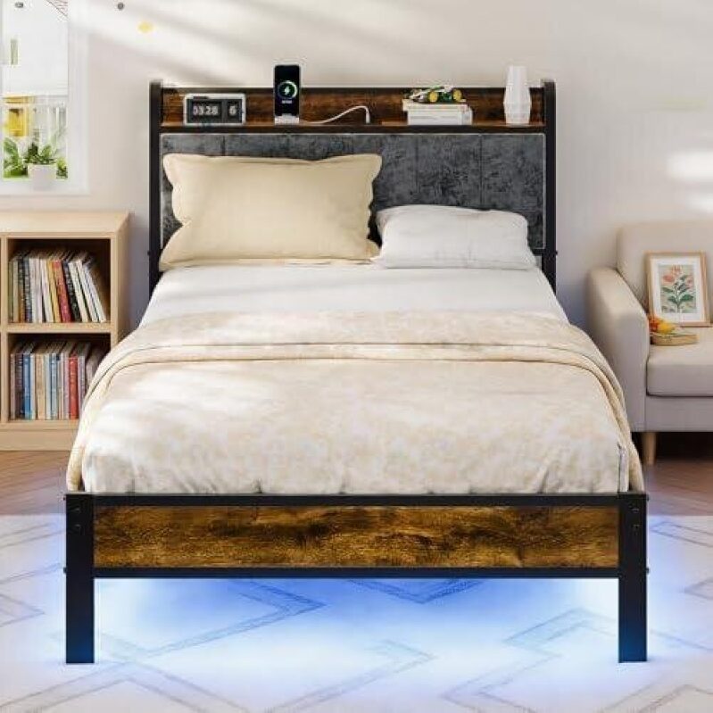 Metal Charging Bed Frame with LED Lights - 40% Discount