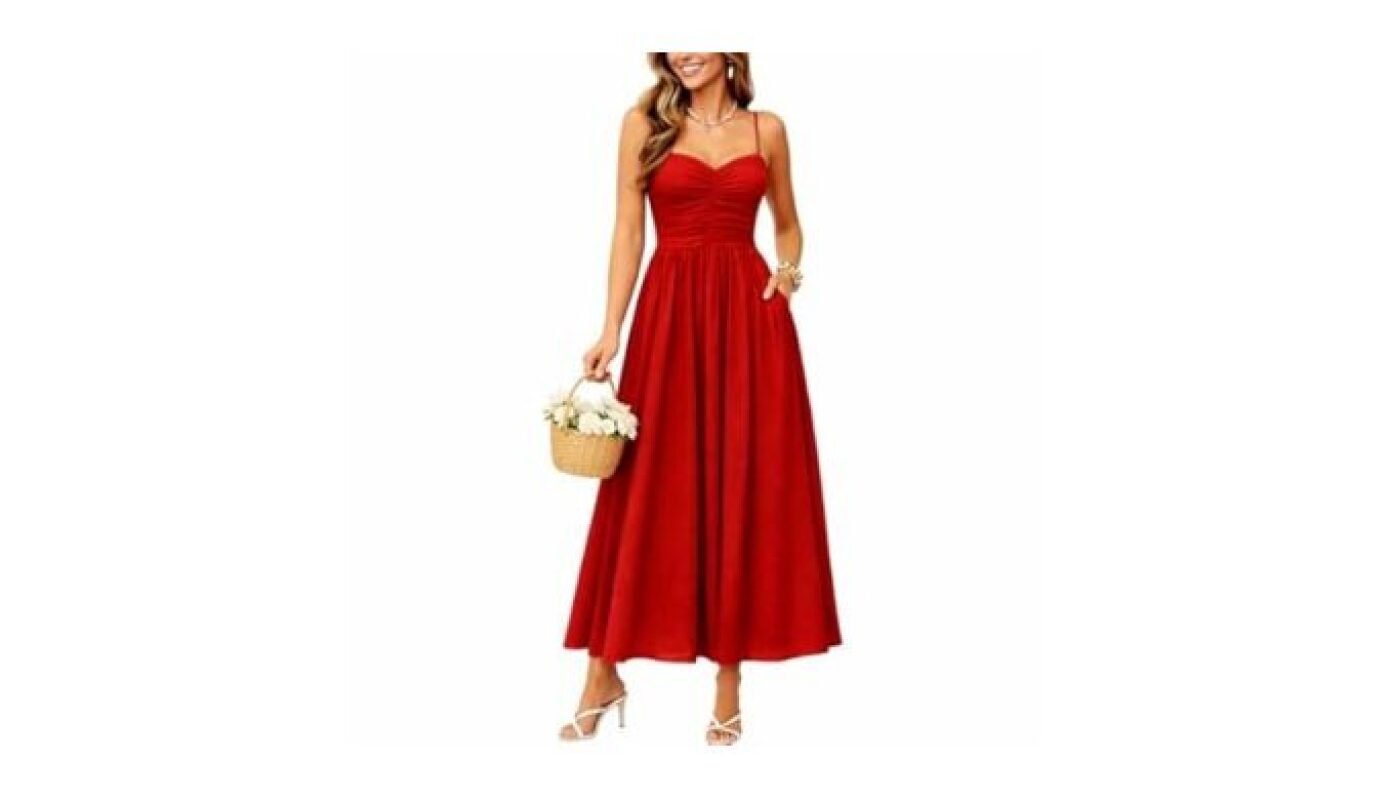 Red Ruched Midi Dress with Pockets and Adjustable Straps