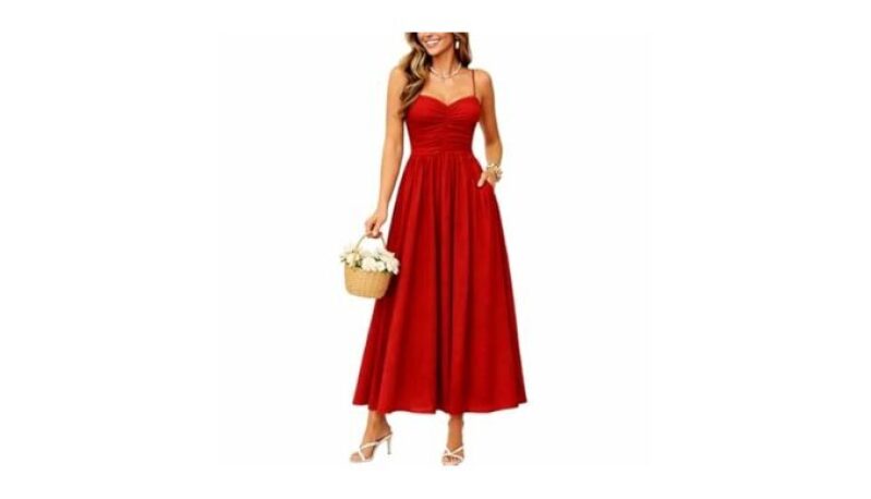 Red Ruched Midi Dress with Pockets and Adjustable Straps