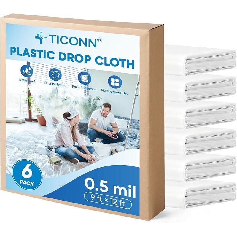 Premium 6pk Plastic Drop Cloths for Painting - Durable, Multipurpose, and Easy to Clean