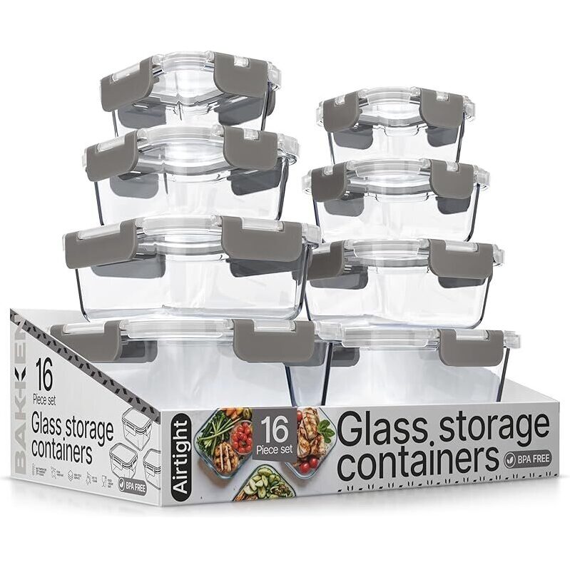 16pc Airtight Borosilicate Glass Food Storage Containers Set