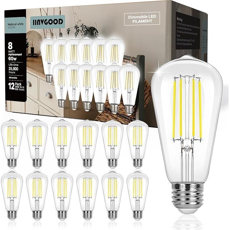 12-Pack Dimmable Edison Light Bulbs 60W Equivalent - Natural White