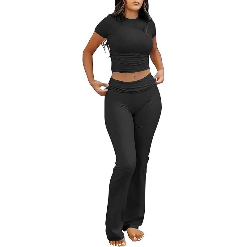 Anrabess 2pc Foldover Yoga Flare Leggings Pants & Crop Tops - Slim Fit Athletic Set