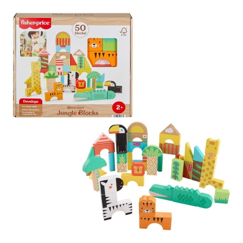Fisher-Price Wooden Jungle Blocks - 50 Piece Building Set for Toddlers