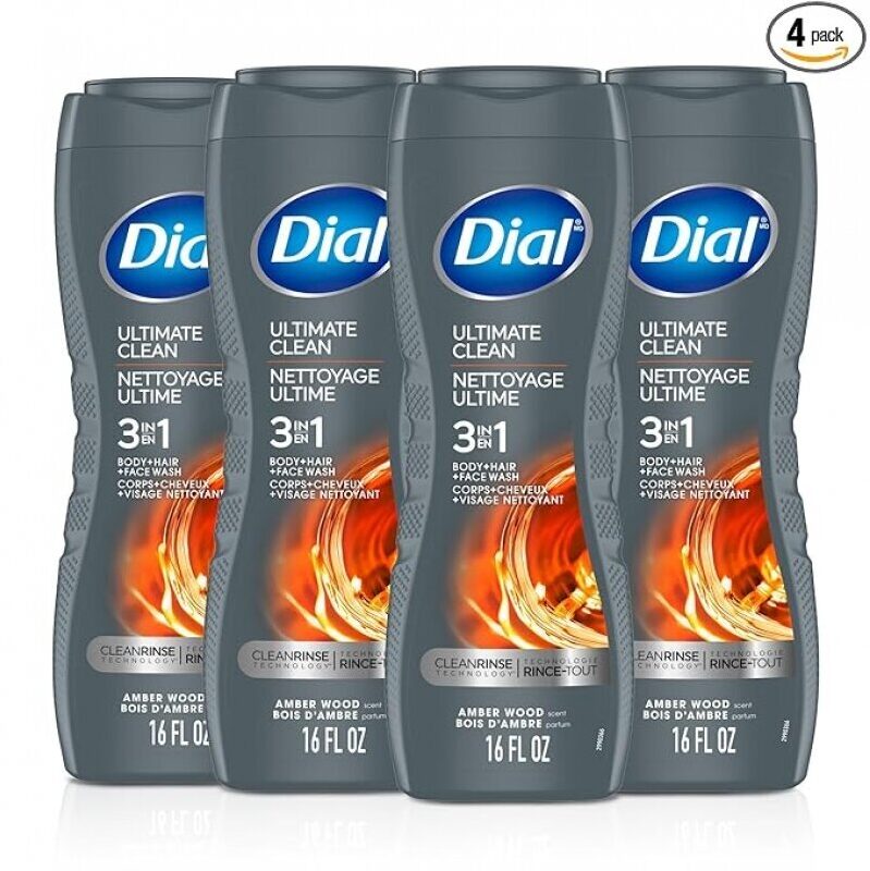 Dial Men 3 in 1 Body, Hair, and Face Wash - Ultimate Clean, 16 Fl Oz, Pack of 4