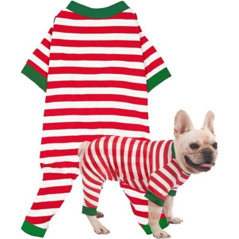 Sychien Dog Christmas Pajamas - Red and White Striped Thermal Warm Holiday Jumpsuit for Dogs