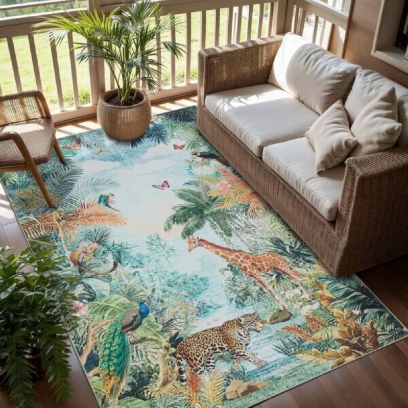 Animal Print Jute Patio Rug - Washable Indoor/Outdoor Carpet