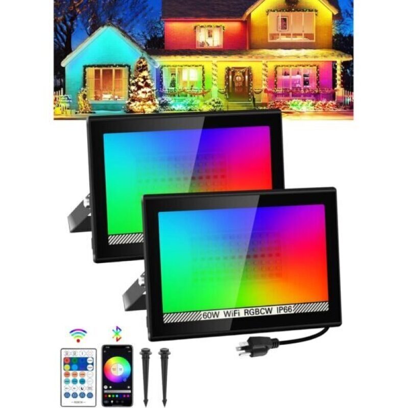 Outdoor RGB Floodlight, 600W Equivalent Color-Changing Landscape LED Light 2Pack -50% OFF