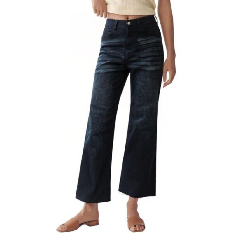 PEIHOT Women's Wide Leg Jeans - High Waist Elastic Straight Flared Denim with Worn-Out Hem - Short Denim Jeans, Black