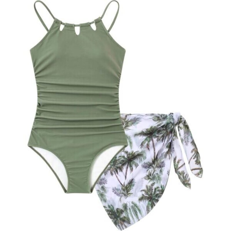 Green Tropical Print One-Piece Swimsuit for Teens - Adjustable Straps, 40% Off