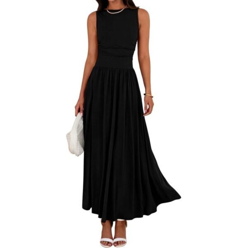 Elegant Black Long Dress with Sleeveless Design - Perfect for Beach and Casual Wear