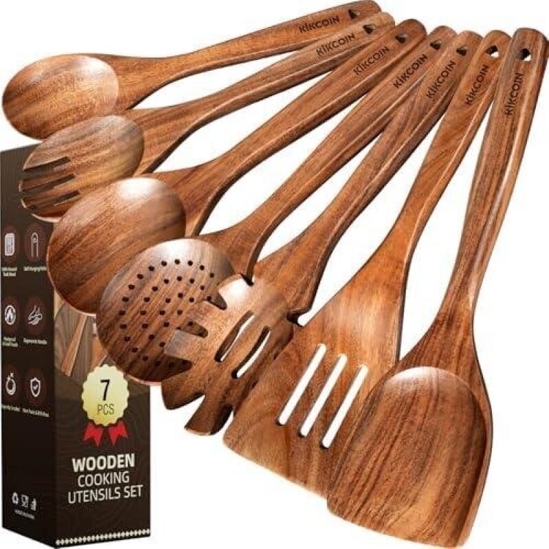 7-Piece Wooden Cooking Utensil Set - Natural Teakwood, Non-Toxic, Ergonomic
