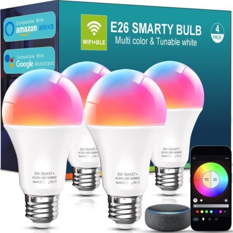 Smart Lighting Solution: 4-Pack 9W A19 E26 WiFi LED Bulbs with Bluetooth