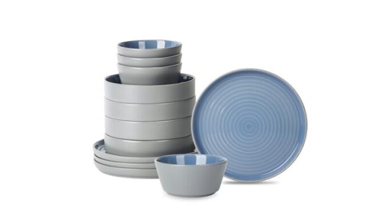 Modern 12-Piece Dinnerware Set - Blue and Grey Stoneware for 4