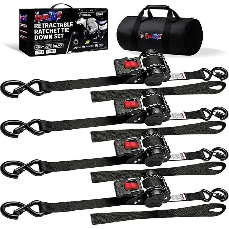Heavy-Duty LynxHold Retractable Ratchet Straps - 4pk