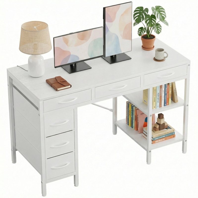 Concetta 55 inch Computer Desk with 6 Drawers & 2 Open Shelves - Modern Workspace Solution
