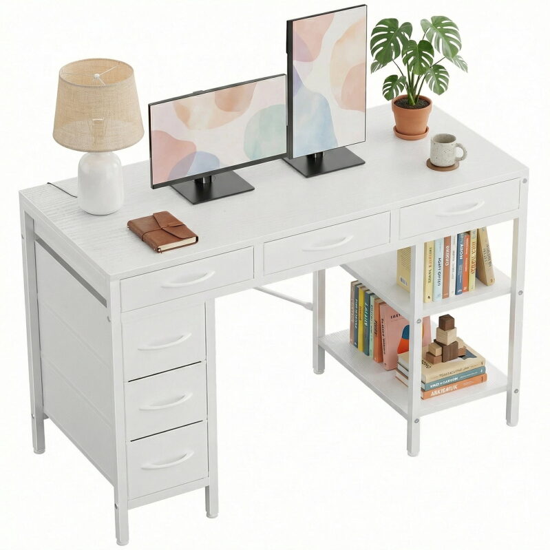 Concetta 55 inch Computer Desk with 6 Drawers & 2 Open Shelves - Modern Workspace Solution