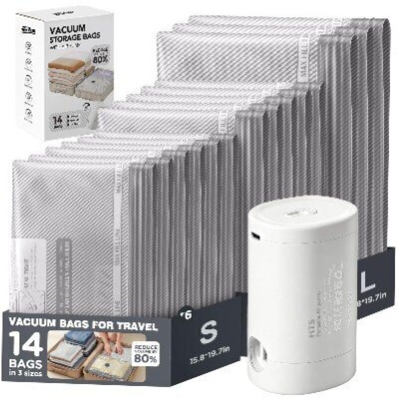 Premium Vacuum Storage Bags for Travel - 14 Pack, Reduces Volume by 80%