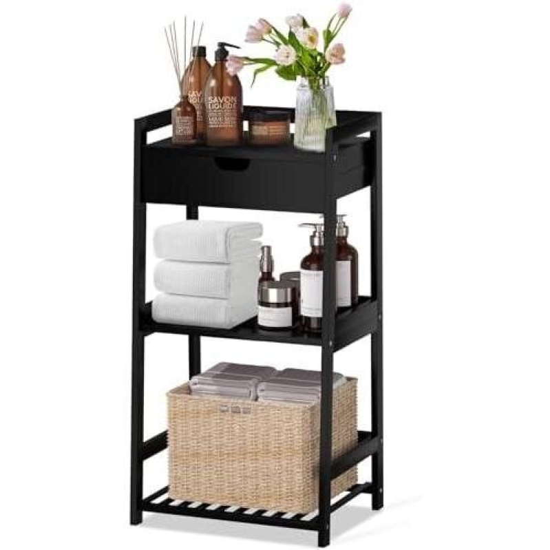 Maximize Your Space with a Stylish 3-Tier Bamboo Shelf with Drawer