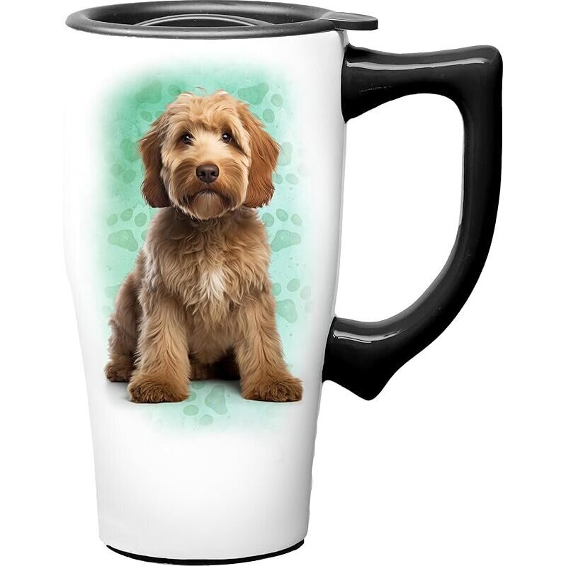 Spoontiques Doodle Ceramic Travel Coffee Mug with Lid & Handle - Cute Dog Design