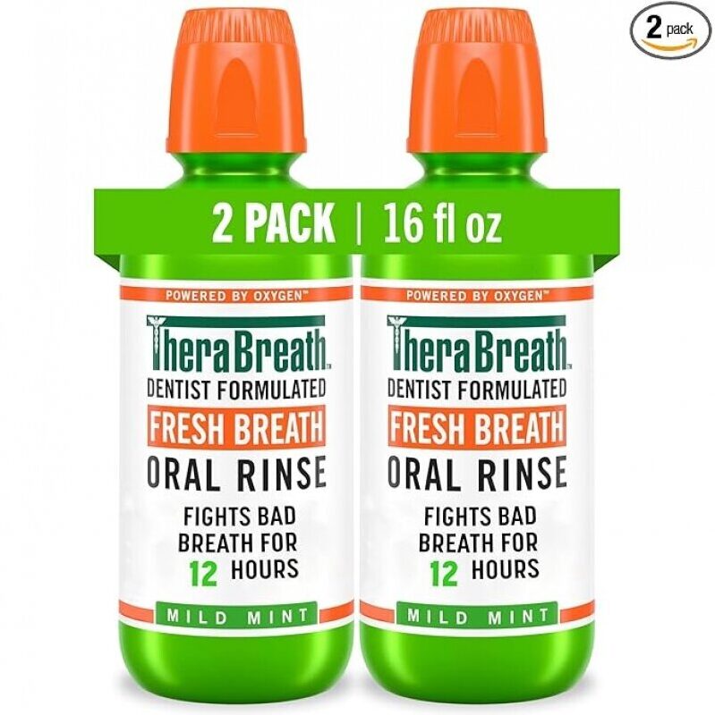 TheraBreath Fresh Breath Mouthwash, Mild Mint Flavor, Alcohol-Free, 16 Fl Oz (2-Pack)