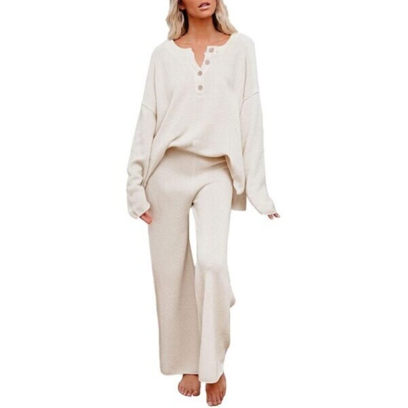 Elegant Beige Two-Piece Knit Sport Set - Button Knit Sweater & Pants