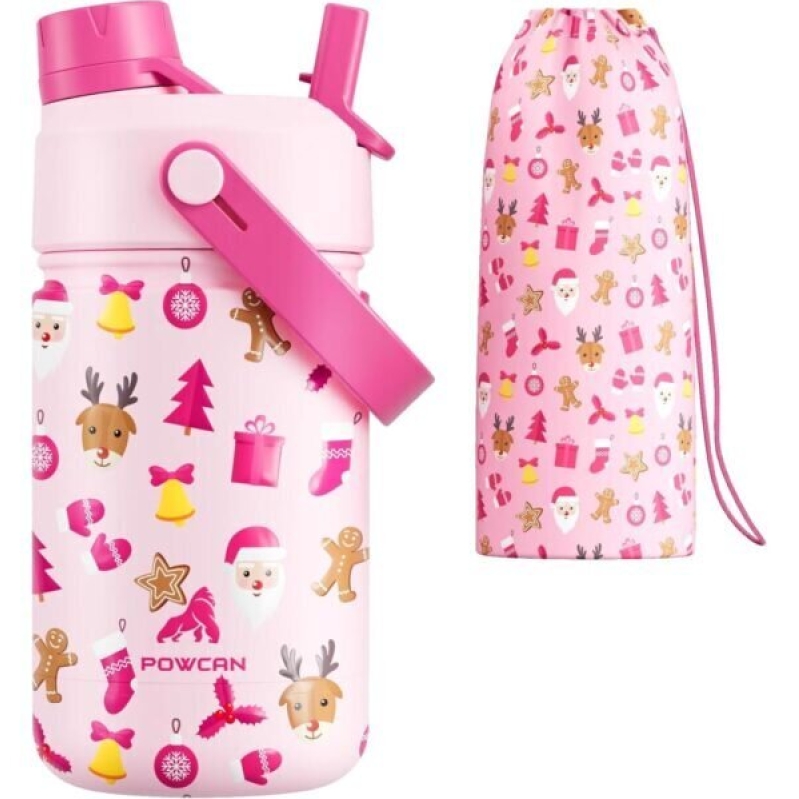 POWCAN Insulated Water Bottle with Carrying Pouch - Festive Design